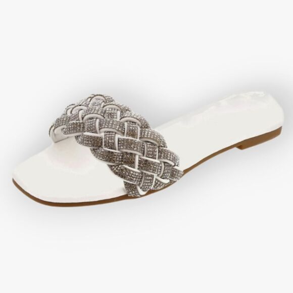 NWT TOP Moda Women's Braided Rhinestone Slide Sandals Flat Slip On - Picture 1 of 8